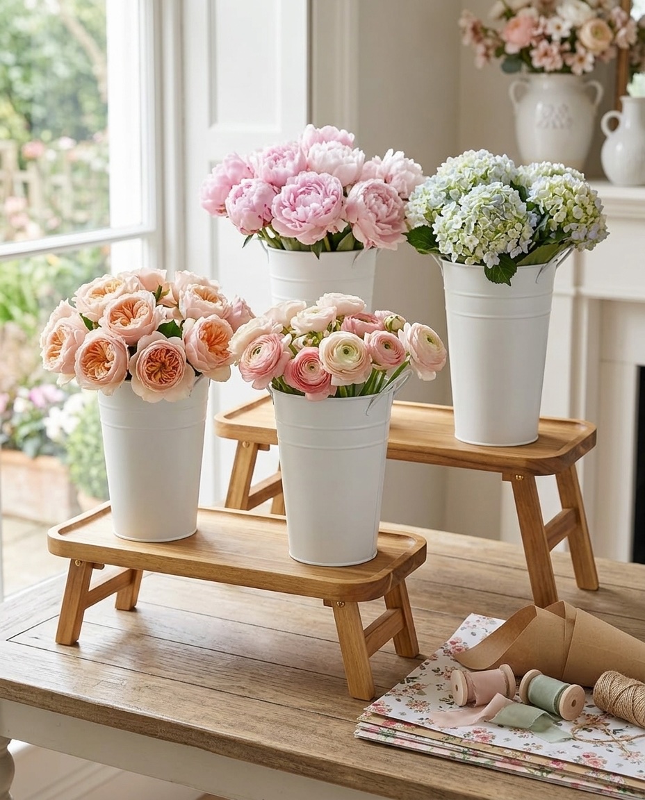 DIY Bouquet Guide cover — peonies, ranunculus and lavender styled in Beavio buckets