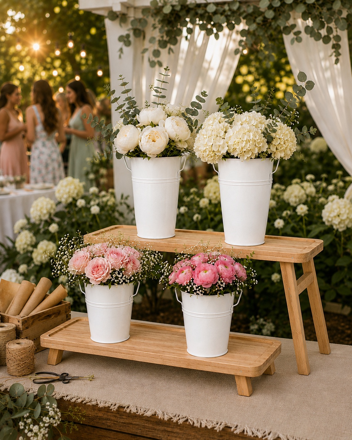 Beavio flower bar set styled with white and blush blooms at a garden wedding, string lights at dusk
