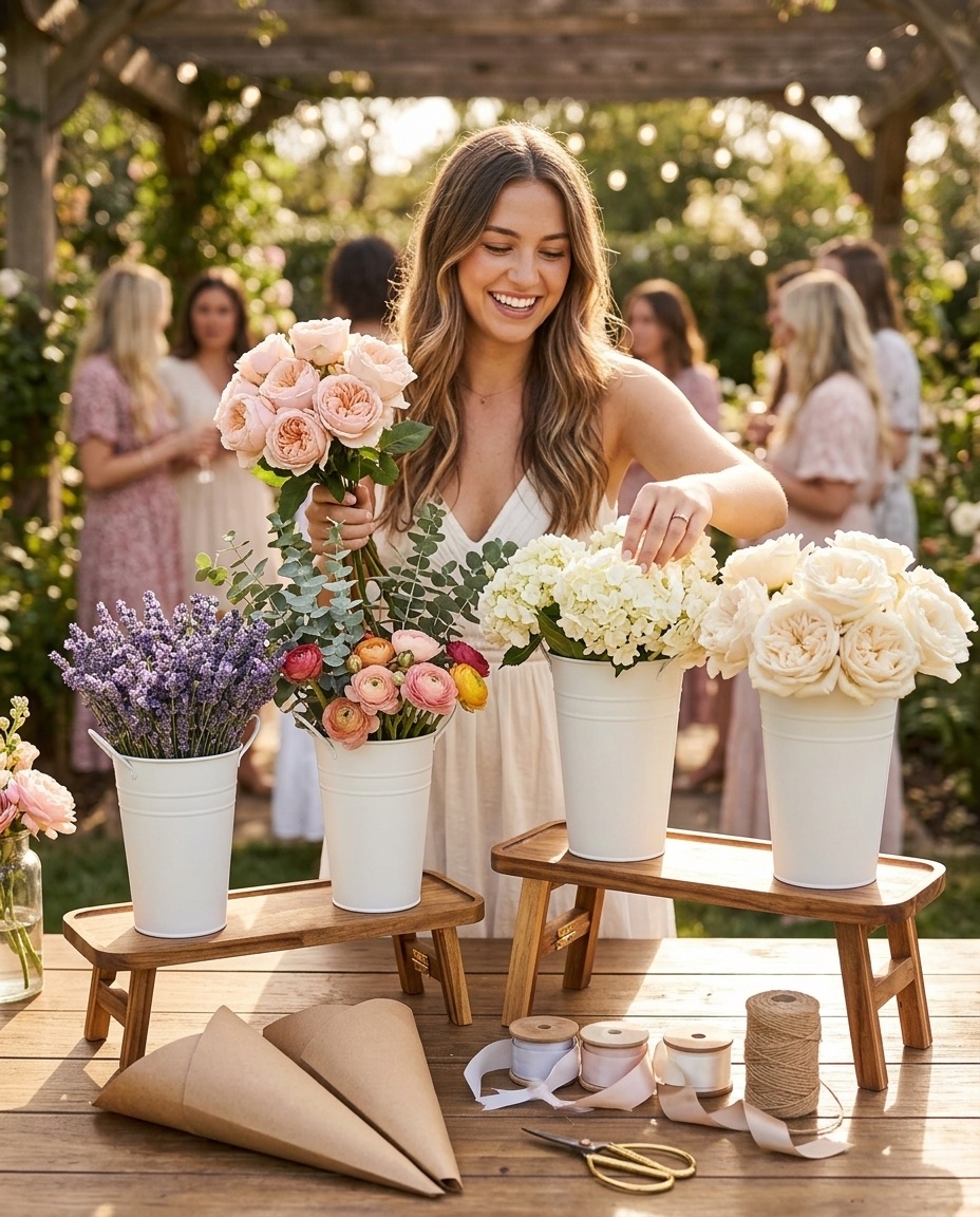 A guest styling fresh peonies, roses and lavender into Beavio buckets at a garden shower, friends gathered in the background